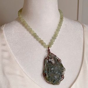 Handcrafted Wire Wrapped Artisan Agate and Ryolite Green Agate Bead Necklace